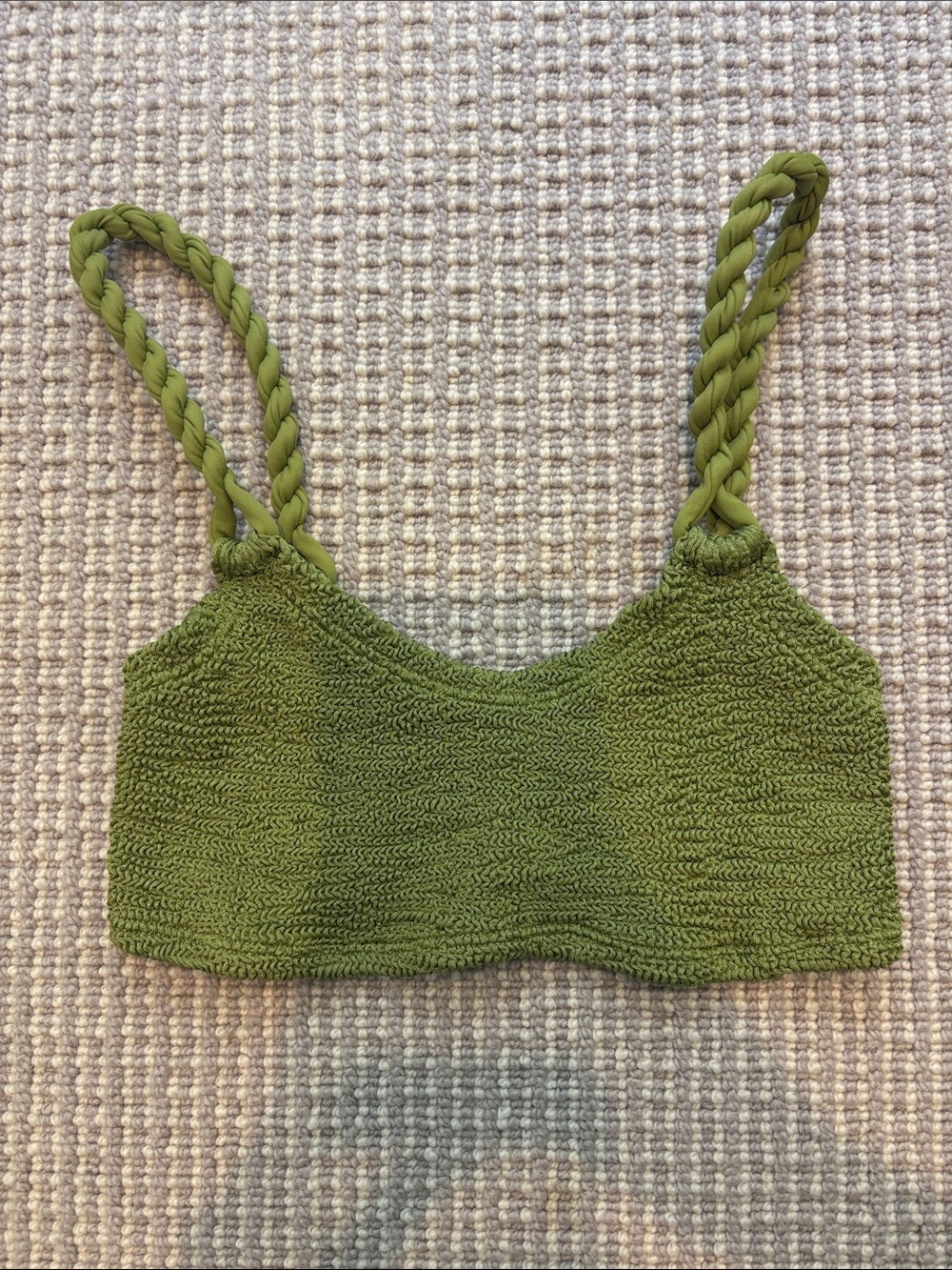 Hunza G Metallic Moss Green Bikini Top with Braided Straps Phoebe